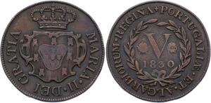 O2097 Scarce Portugal Azores Terceira Island 5 Reis Maria II 1830 aUNC