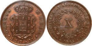 O2099 Rare Portugal 10 Reis Maria II 1845 PCGS UNC !!! ->Make offer
