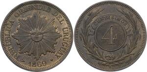 O2149 Uruguay 4 Centesimos 1869 H Heaton UNC ->Make offer