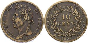O2158 French Colonies Guadeloupe 10 Centimes Charles X 1827 H La Rochelle Sup