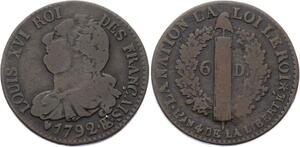 O2181 Rare !! 6 Deniers Louis XVI faisceau type Francais 1792 BB Strasbourg