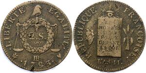 O2192 Rare Convention 2 Sols à la balance Louis XVI An II 1793 BB Strasbourg ->Make offer