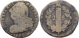 O2195 Rare !! Constitution 2 Sols François Louis XVI An 4 1792 Vache Pau ->Make offer