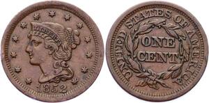 O2442 Scarce USA 1 Cent Liberty head breaded hair 1852 UNC ->Make offer