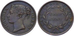 O2466 Straits Settlements Singapore Scarce 1/2 Cent Victoria 1845 AU !!!