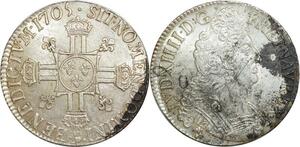 O6125 Rare France R4 Ecu Louis XIV 8 L 1705 9 Rennes Argent Silver Flan Neuf