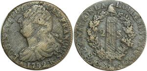 O6172 Rare France Constitution 2 Sols Louis XVI François 1792 R Triangle Orléans