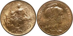 O6631 Rare 5 Centimes Dupuis 1908 SPL Red Luster ! ->Make offer