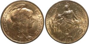O6633 Rare 5 Centimes Dupuis 1909 SPL Red Luster ! ->Make offer