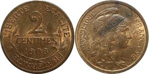 O6648 Rare 2 Centimes Dupuis 1908 SPL Red Luster ! ->Make offer