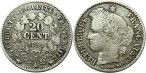 O6721 20 Centimes Cérès 1851 A Paris Argent Silver