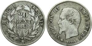 O6722 20 Centimes Napoléon III 1860 BB Strasbourg Argent Silver