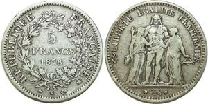 O6739 5 Francs Hercule 1878 K Bordeaux Argent Silver ->M offre