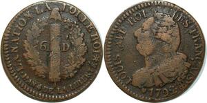O6824 Rare France Constitution 6 Deniers Louis XVI Francais 1792 BB Strasbourg ->Make offer