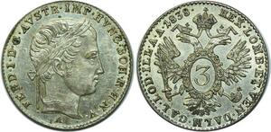 O6831 Scarce Austria Österreich 3 Kreuzer Ferdinand I 1838 Wien silver UNC