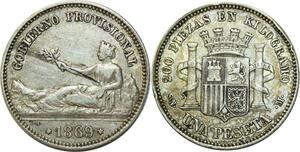 O6896 Spain Spain Un Peseta 1869 SN M Madrid Silver XF -->Make offer