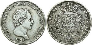 O6898 Italy Sardinia 5 Lire Carlo Felice 1828 L eagle Turin Torino Silver