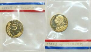 O7282 Rare France 5 Centimes Piefort Marianne 1974 FDC Sachet Mdp ->Make offer