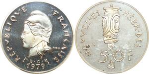 O7310 Finest 50 Francs Nouvelles Hébrides 1979 Piefort PCGS MS67 Argent FDC