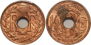 O7314 Scarce French Indochina 1/2 Cent 1938 PCGS MS63 Red Luster