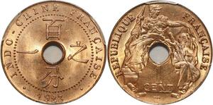 O7318 TOP POP French Indochina 1 Cent 1923 A Paris NGC MS65 Red Luster