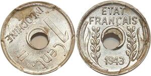 O7324 Rare Error Décentrée Indochina 1 Centime 1943 PCGS MS63