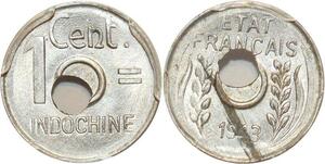 O7327 Very Rare Indochina Mint Error Off Planchet 1 Centime 1943 PCGS MS64