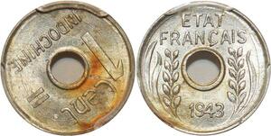 O7329 Rare Indochina 1 Centime 1943 Rotation Error PCGS MS63