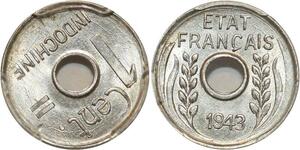 O7330 Rare Indochina 1 Centime 1943 Rotation Error PCGS MS65
