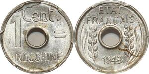 O7331 Rare Indochina 1 Centime 1943 Rotation Error PCGS MS64