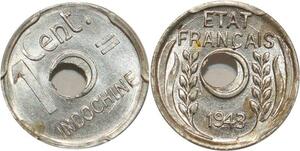 O7332 Rare Error Décentrée Indochina 1 Centime 1943 PCGS MS63