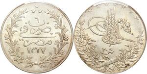 O7333 Scarce Egypt 20 Qirsh Muhammad V 1327 year 6 H Silver PCGS AU