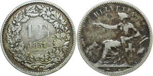O7937 Switzerland 1 Franc Helvetia 1851 B Berne Bovy Argent Silver ->M offer
