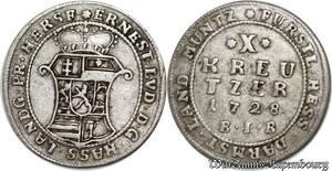 P8020 German States Hesse Darmstadt 10 Kreuzer Ernst Ludwig 1728 BIB Silver