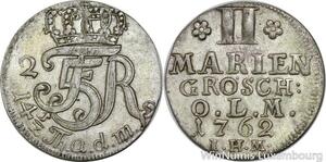 P8028 Rare Denmark Oldenburg 2 Mariengroschen Friedrich 1762 IHM Silver AU