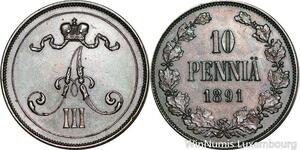 P8078 Rare Finland 10 Pennia Alexander III 1891 AU -> Make offer