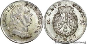 P8106 Rare Germany Bayern Herzogtum 6 Kreuzer Karl Theodor 1796 Silver AU