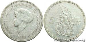 P8177 Luxembourg 5 Francs Charlotte Grande Duchesse 1929 Silver -> M offer