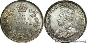 P8219 Rare Canada 10 Cents Georges V 1919 Silver UNC -> M Offer