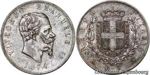 P8326 Rare Italy 5 Lire Victorio Emanuele II 1874 M BN Milan Silver AU