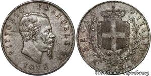 P8327 Rare Italy 5 Lire Victorio Emanuele II 1872 M BN Milan Silver AU