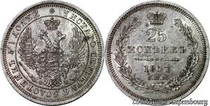 P8329 Very Rare Russia 25 Kopecks Nicholas I 1857 ФБ St. Petersburg Silver AU