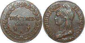 P2217 Rare France Un Décime Dupré AN 4 A Paris PCGS AU58 Superbe -&gt; Faire Offre