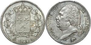 P2867 Rare France 2 Francs Louis XVIII 1824 A Paris PCGS AU55 Argent Silver