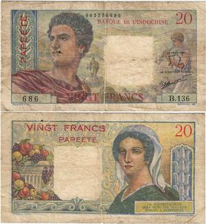 Rare Billet French Polynesia Papeete Banque de l'Indochine 20 Francs