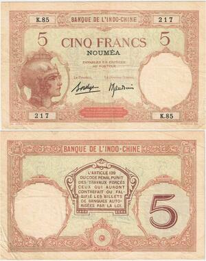 Rare Banknote French Polynesia Nouméa Banque de l'Indochine 5 Francs