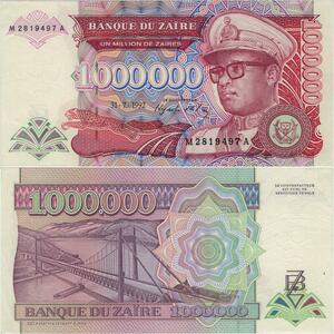 Banknote Zaire Congo 1000000 Zaires Mobutu Seko 1992 -> Make offer