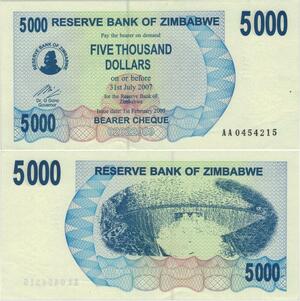 Banknote Zimbabwe 5000 Dollars 2007 UNC -> Make offer