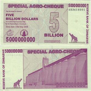 Banknote Zimbabwe 5 Milliards Dollars  2008 UNC -> Make offer
