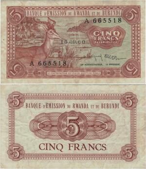 Rare Banknote Rwanda-Burundi 5 Francs 1960 -> Make offer